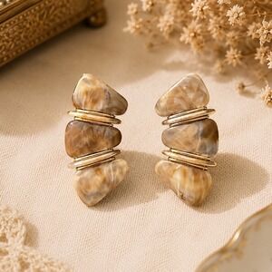 Vintage West Germany Marbled Lucite Clip On Earrings Beige Gold Statement Retro